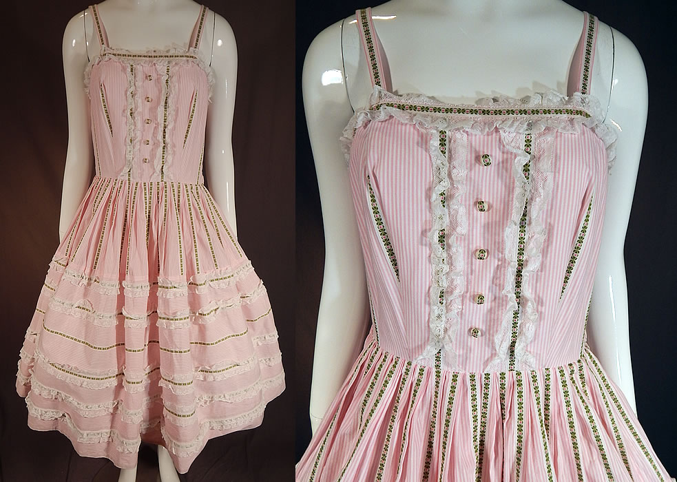 Vintage Pink & White Striped Cotton Lace Ribbon Trim Lolita Style Circle Skirt Dress
This vintage pink and white striped cotton lace ribbon trim Lolita style circle skirt dress dates from the 1950s. It is made of a pink and white striped cotton checkered gingham fabric, with white lace ruffle trim and pink, green damask ribbon trim edging.