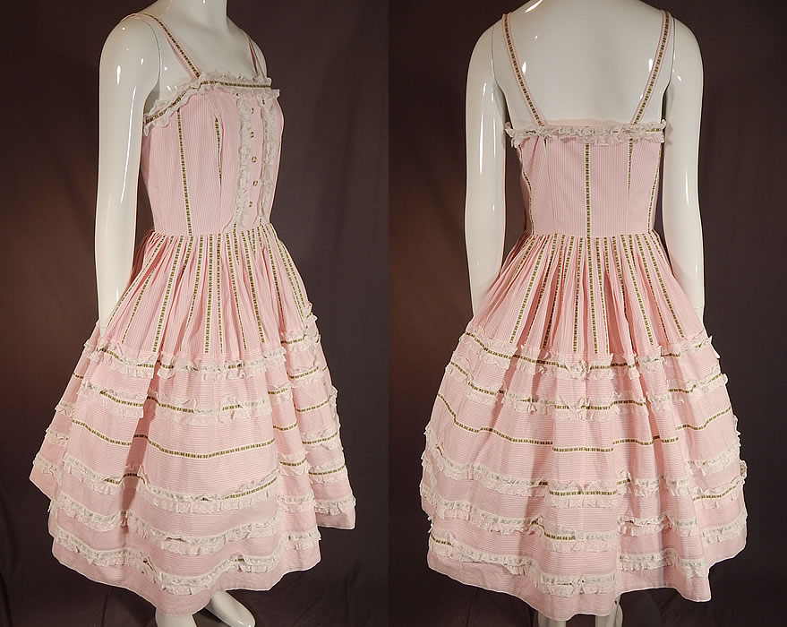 Vintage Pink & White Striped Cotton Lace Ribbon Trim Lolita Style Circle Skirt Dress
This pretty in pink sweet Lolita fashion style sun dress is sleeveless with ribbon shoulder straps, button trim accents on the front top, a full circle skirt, side zipper closure and is lined in a white cotton fabric inside the top only.