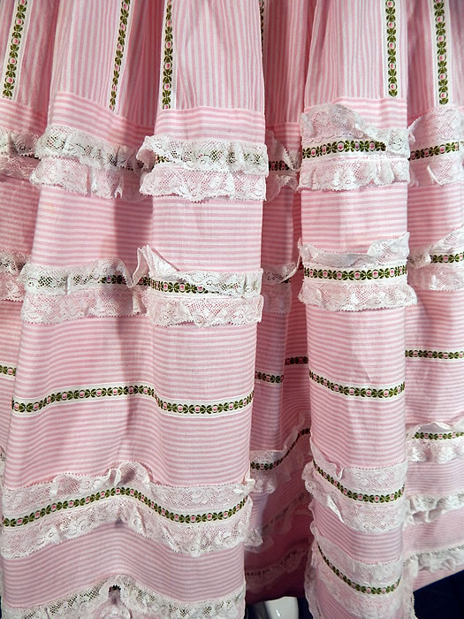 Vintage Pink & White Striped Cotton Lace Ribbon Trim Lolita Style Circle Skirt Dress
The dress measures 43 inches long, with a 34 inch bust, 26 inch waist and 80 inch hips. It is in excellent condition. This is truly a wonderful piece of custom made Lolita wearable art! 