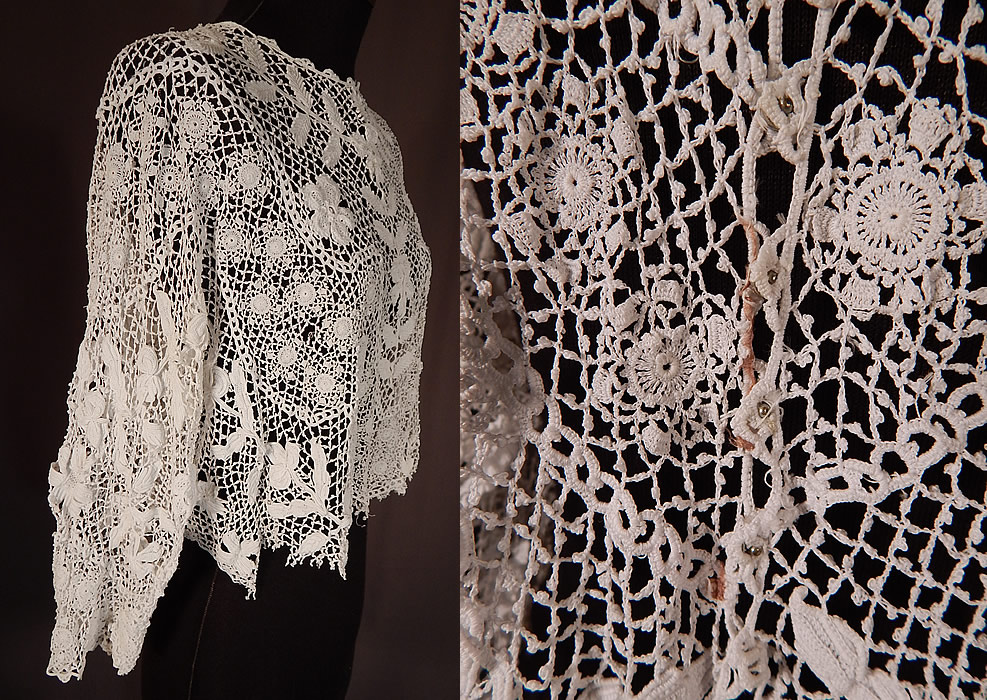 Edwardian Antique White Floral Meshwork Irish Crochet Lace Blouse