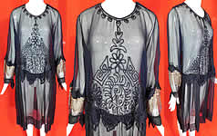 Vintage Art Deco Navy Blue Silk Chiffon Chain Stitch Embroidered Drop Waist Dress
