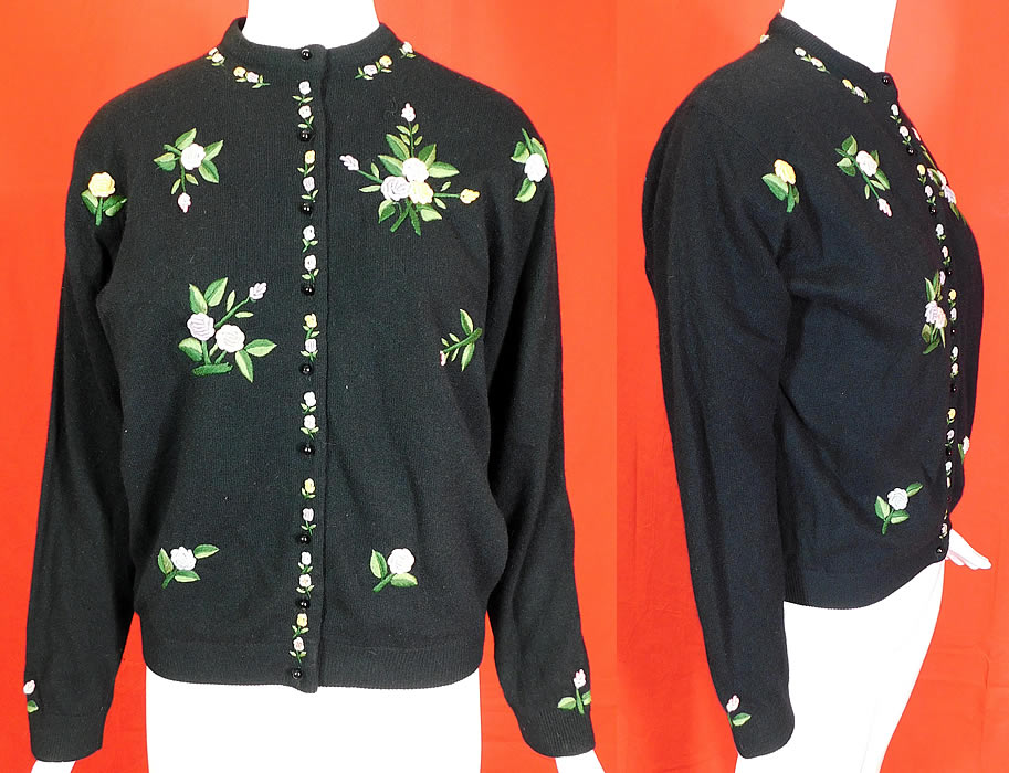 Vintage Hong Kong Black Lambswool Angora Rabbit Rosette Embroidered Sweater
This fabulous floral cardigan sweater has a ribbed fitted waistband, cuffs, collar, long full sleeves, fully lined in a black nylon fabric inside and black buttons down the front for closure. 