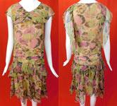 Vintage Floral Pastel Print Silk Chiffon Smocking Shawl Collar Drop Waist Dress
