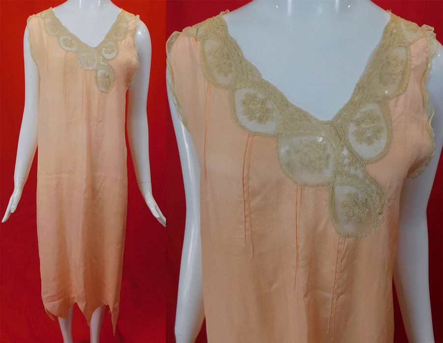 Vintage Pink Silk Cream Embroidered Lace Negligee Nightgown Chemise Dress
This lovely lingerie long loose fitting chemise nightgown negligee slip style dress is sleeveless, with a scalloped petal lobe bottom skirt handkerchief hemline and is unlined. 