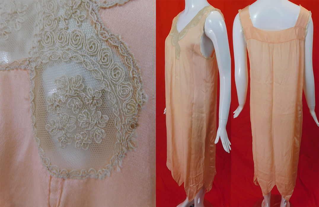 Vintage Pink Silk Cream Embroidered Lace Negligee Nightgown Chemise Dress
The nightgown measure 46 inches long, with a 40 inch bust, 42 inch waist and 42 inch hips.