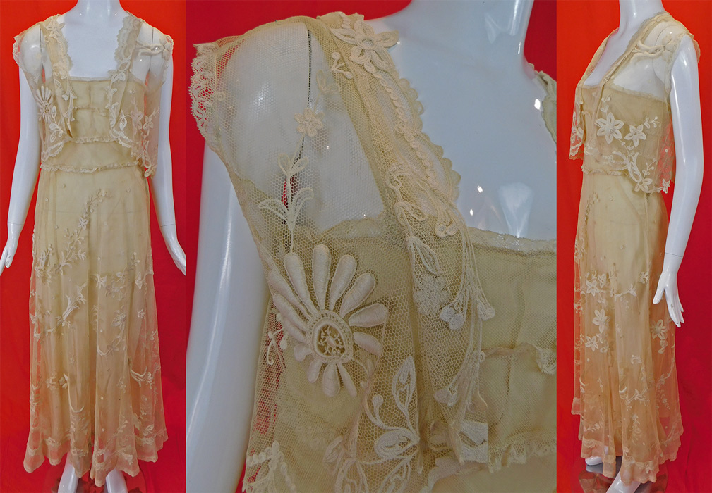 Vintage Cream Tambour Embroidery Net Lace Dress Slip Vest Jacket Top
This lovely lace gown is a long floor length with a full skirt, bias cut, lace straps, lace trim top, side snap closures on both the outer dress and inner silk slip lining sewn inside. 