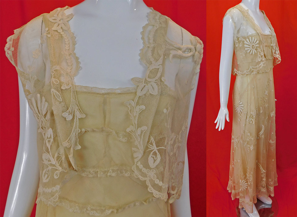 Vintage Cream Tambour Embroidery Net Lace Dress Slip Vest Jacket Top
This vintage cream tambour embroidery net lace dress, slip and vest jacket top dates from the 1930s. It is made of an off white cream color sheer tulle net fabric, with raised padded satin stitch, tambour chain stitch embroidery work done in a floral vine leaf design and lace trim edging. 