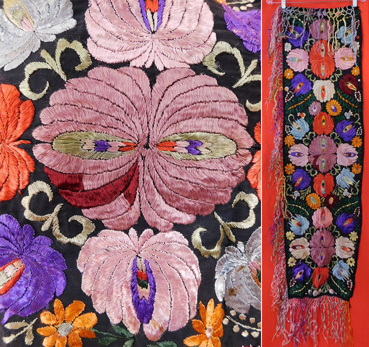 Vintage Matyo Hungarian Folk Embroidery Colorful Floral Shawl Stole Scarf
This lovely embroidered long stole measures 51 inches long, 14 inches wide and has an additional 8 inch long fringe trim.
