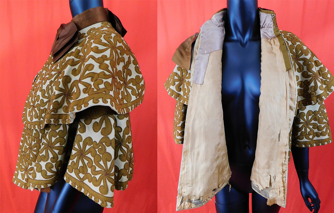 Victorian Brown Beige Wool Pinwheel Applique Silk Bow Trim Winter Cloak Cape
This antique Victorian era brown beige wool pinwheel applique silk bow trim winter cloak cape dates from 1890.