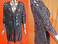 Victorian Black Silk Battenburg Braided Woven Tape Lace Latticework Long Coat
