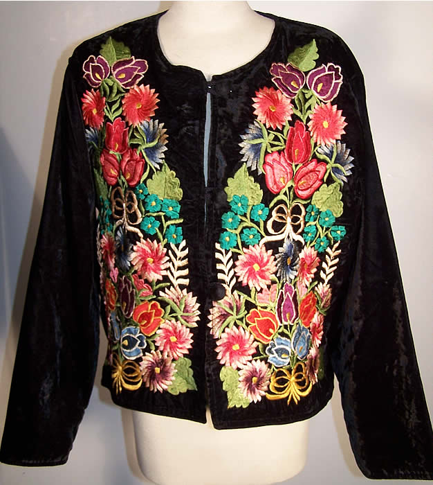 Black Velvet Floral Embroidered Coat Jacket  Front view.