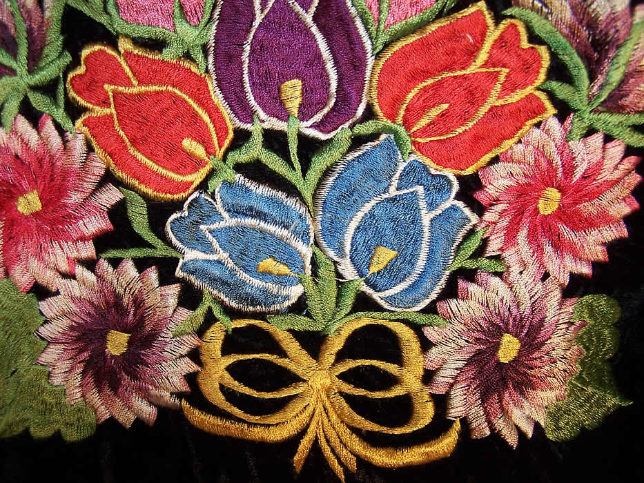 Black Velvet Floral Embroidered Coat Jacket Close up.