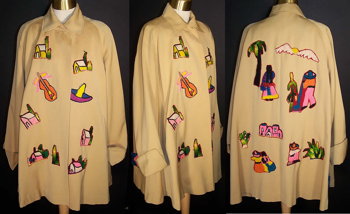 Vintage Mexican Applique Yellow Gabardine Swing Coat Front Side Back view.