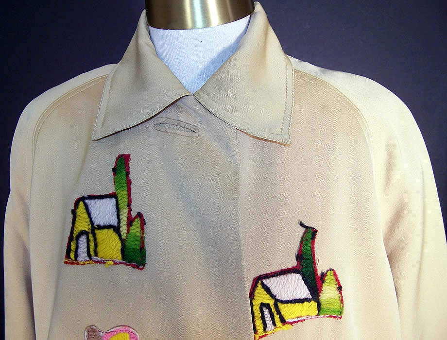 Vintage Mexican Applique Yellow Gabardine Swing Coat Close-up