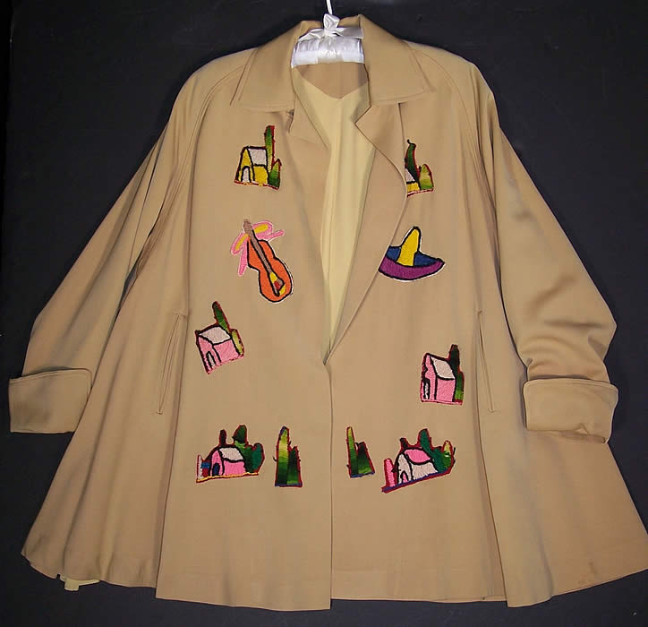 Vintage Mexican Applique Yellow Gabardine Swing Coat Flat View