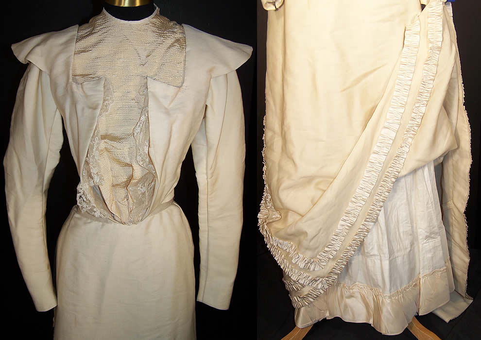 Victorian Cream Wool Bustle Train Wedding Gown Dress Closeup View