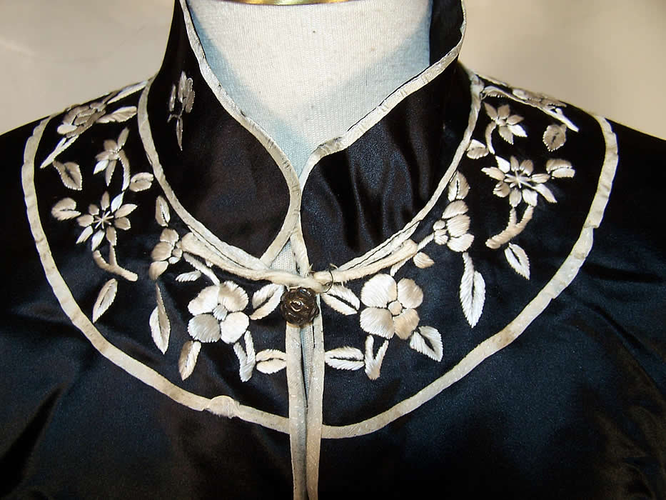 Chinese Black & White Silk Embroidered Robe Coat close-up view.