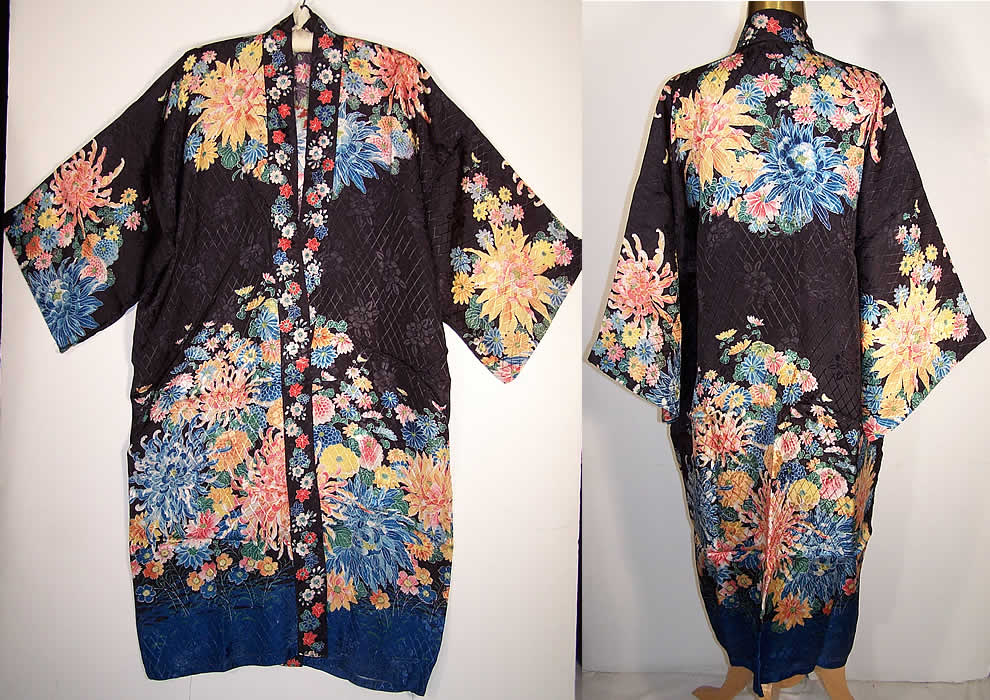 Japanese Colorful Floral Rayon Kimono Robe Coat  Back View.