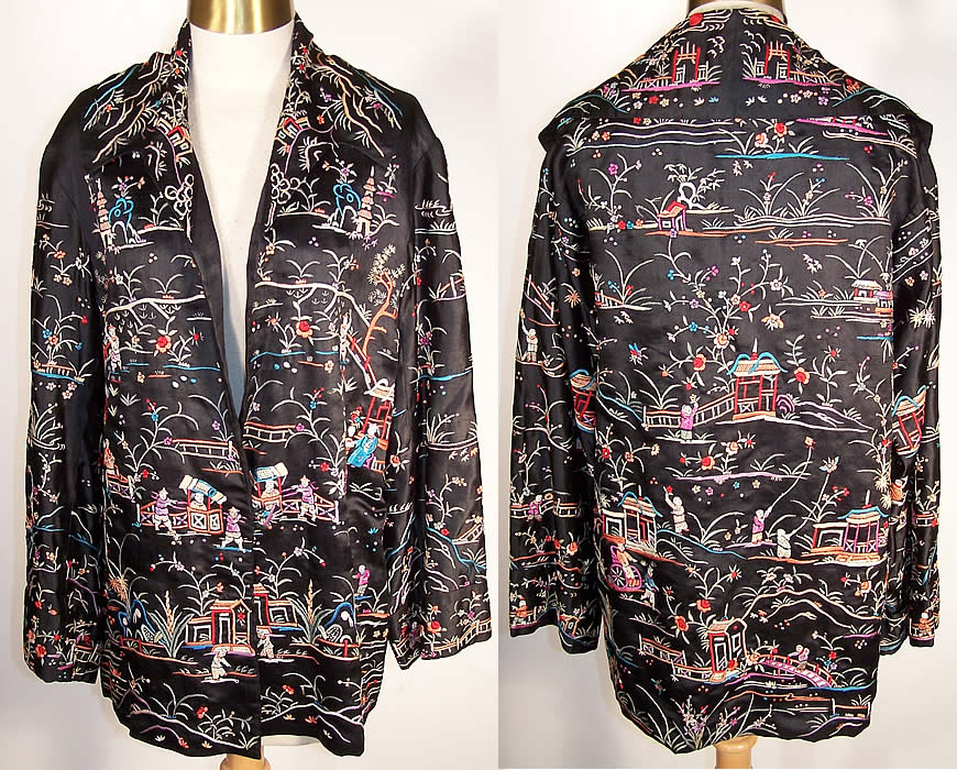 Figural Silk Embroidered Piano Shawl Jacket Coat   Front view.
