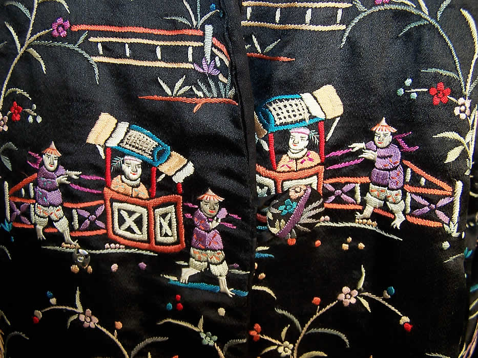 Figural Silk Embroidered Piano Shawl Jacket Coat Close-up View.
