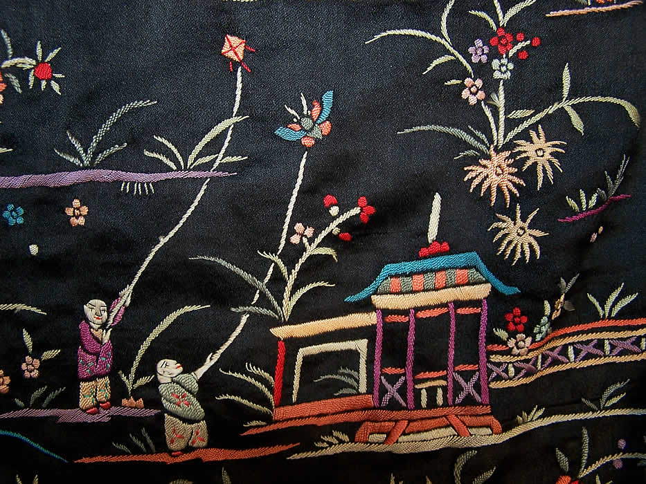 Figural Silk Embroidered Piano Shawl Jacket Coat close-up view.