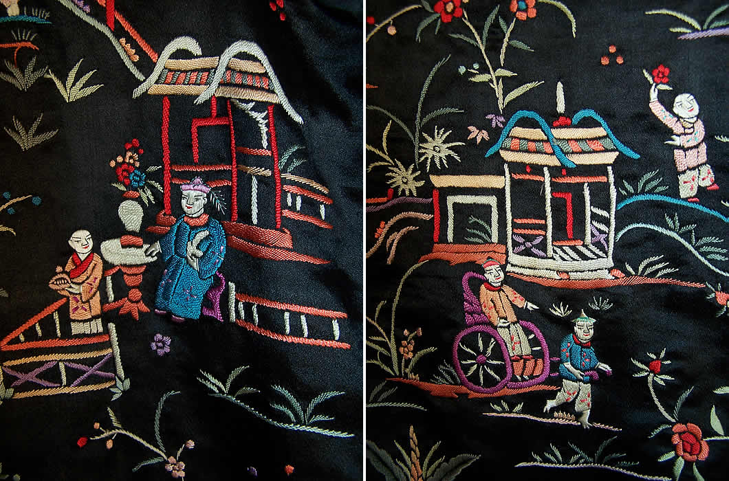 Figural Silk Embroidered Piano Shawl Jacket Coat  Close up.