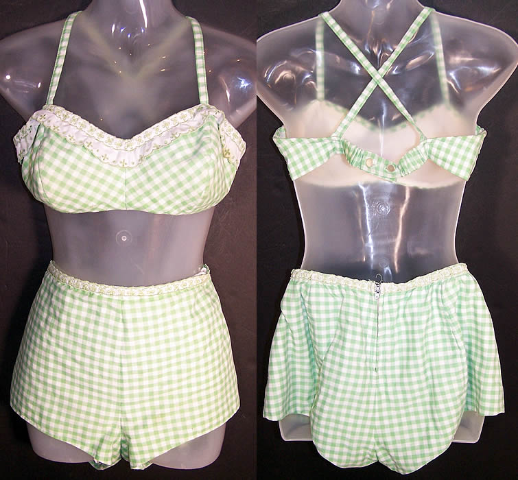 Vintage Jantzen Green White Gingham Check Bikini Swimsuit   Front view.
