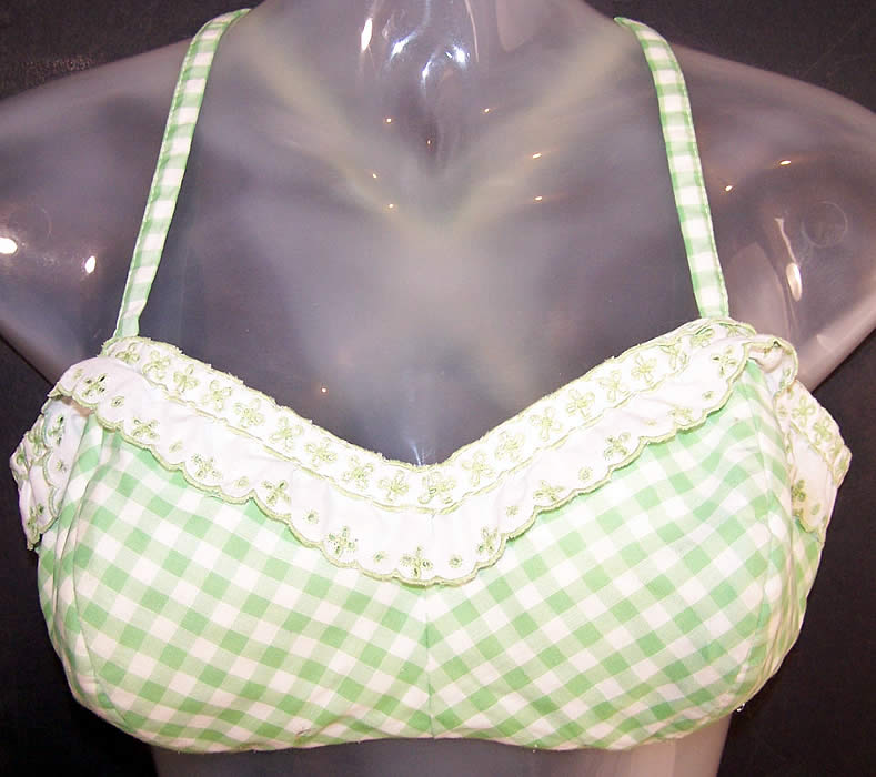 Vintage Jantzen Green White Gingham Check Bikini Swimsuit Top View.