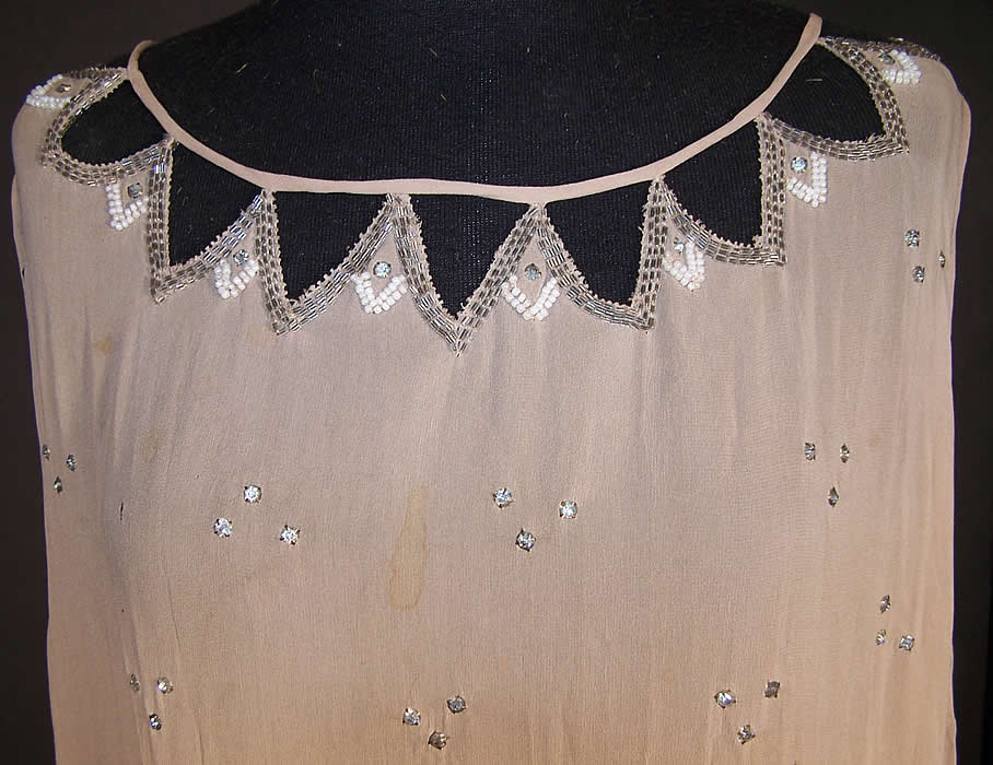 Ecru Silk Rhinestone Beaded Drop Waist Flapper Dress  Close-up View.