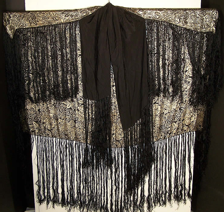Art Deco Black Silk Silver Lamé Shawl Cloak Cape  Close up.