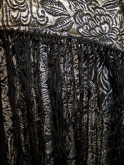 Art Deco Black Silk Silver Lamé Shawl Cloak Cape  Close up.
