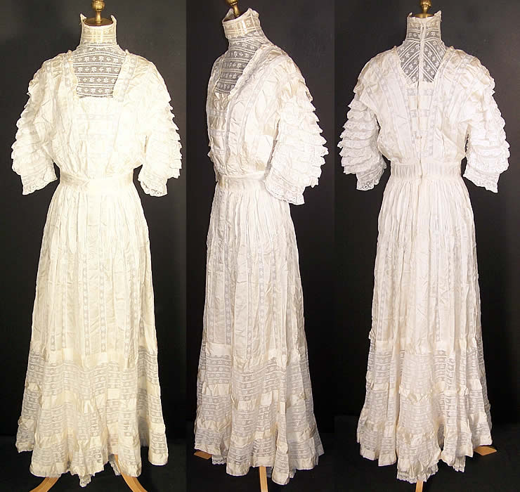Edwardian White Lace Silk Ribbon Ruffle Wedding Dress Front view