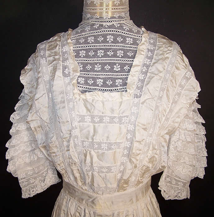 Edwardian White Lace Silk Ribbon Ruffle Wedding Dress Front View