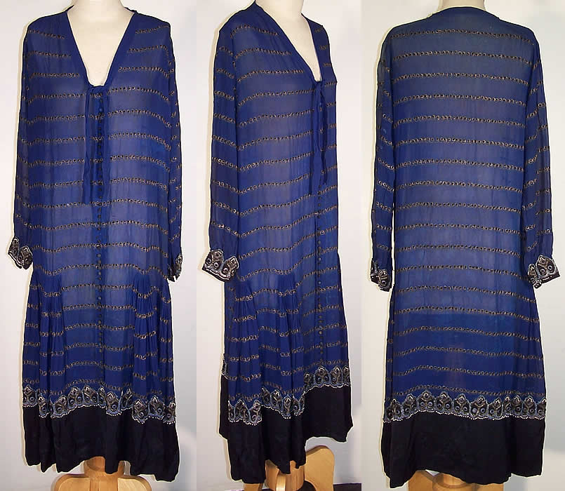 Vintage Art Deco Blue Silk Gold Embroidered Beaded Drop Waist Dress  Front view.