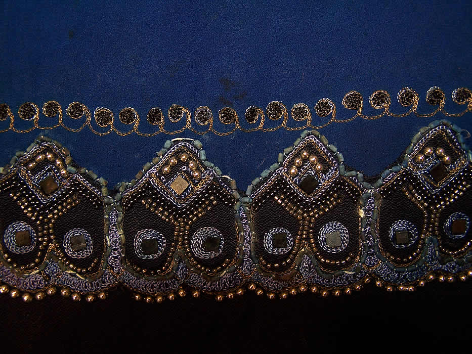 Vintage Art Deco Blue Silk Gold Embroidered Beaded Drop Waist Dress close-up view.