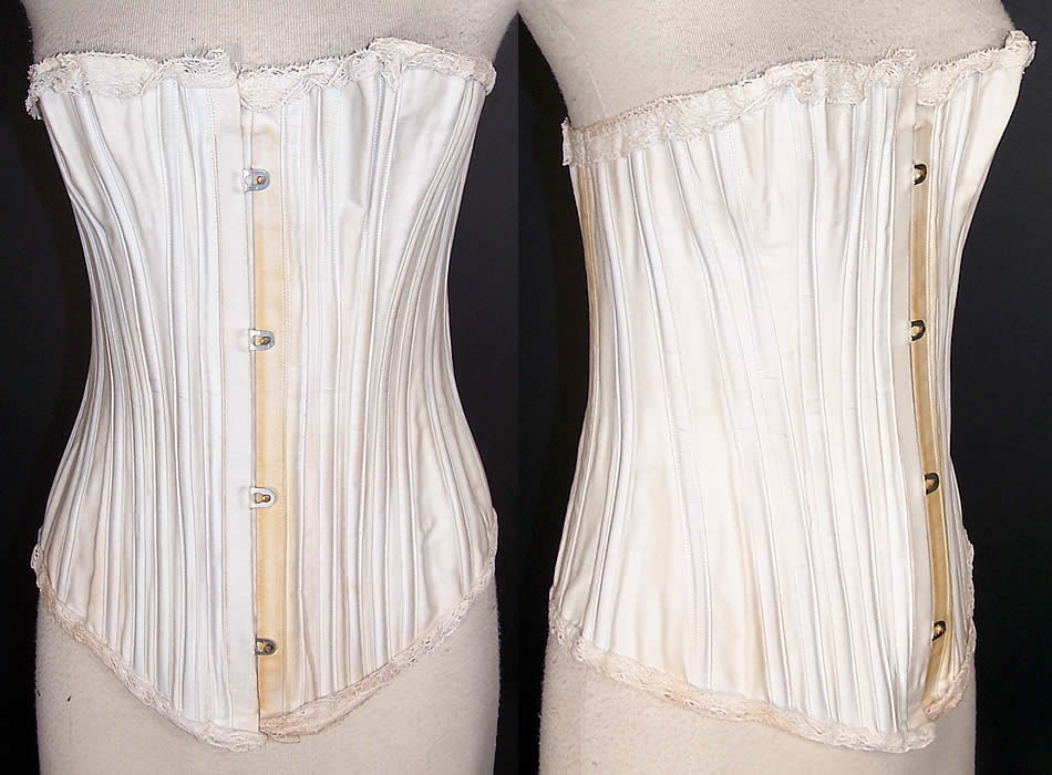 Victorian White Cotton Coutil Lace S Bend Hourglass Corset  Front view.