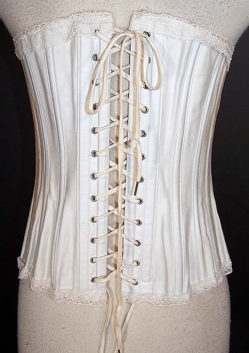 Victorian White Cotton Coutil Lace S Bend Hourglass Corset Back View.