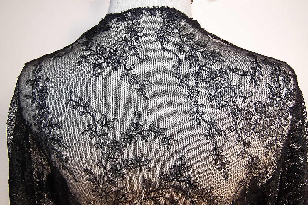 Victorian Antique Black Chantilly Lace Pagoda Sleeve Robe Dressing Gown a few tiny pin holes and small mend repairs close up.