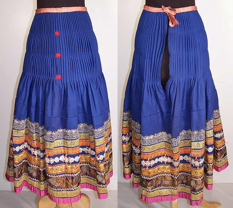Vintage Czech Bohemia Folk Costume Blue Pleated Embroidered Ribbon Skirt