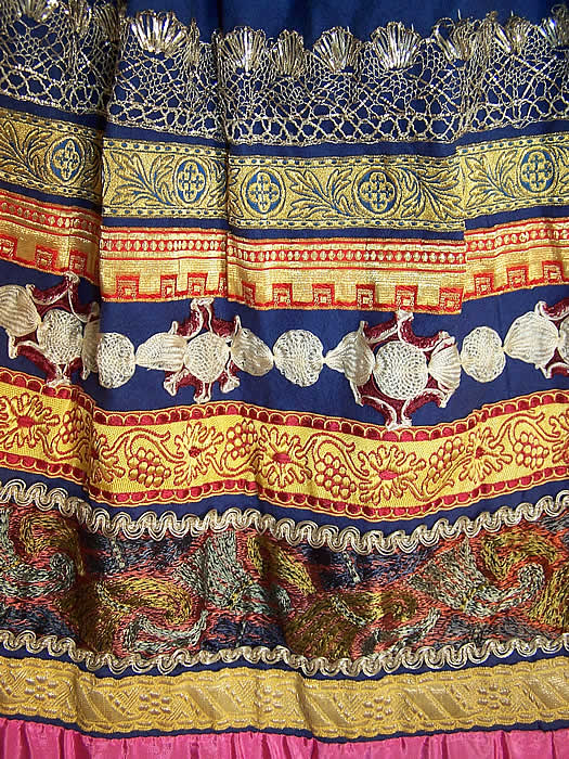 Vintage Czech Bohemia Folk Costume Blue Pleated Embroidered Ribbon Skirt fabric