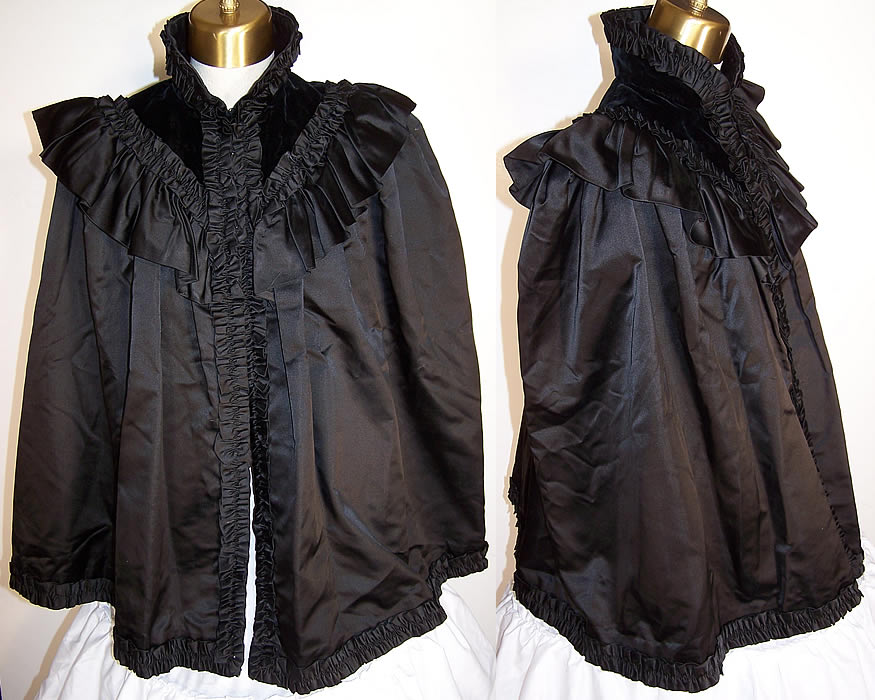 Victorian Mourning Black Silk Ruched Velvet Stand Up Collar Cloak Cape