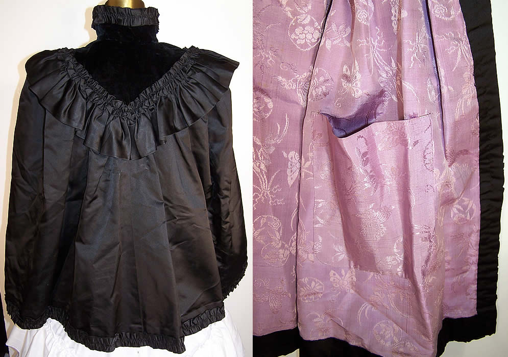 Victorian Mourning Black Silk Ruched Velvet Stand Up Collar Cloak Cape back view and the lining showing the inside pocket