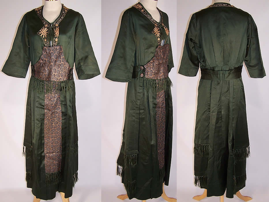 Edwardian Titanic Green Silk Gold Lamé Embroidered Net Fringe Gown Dress