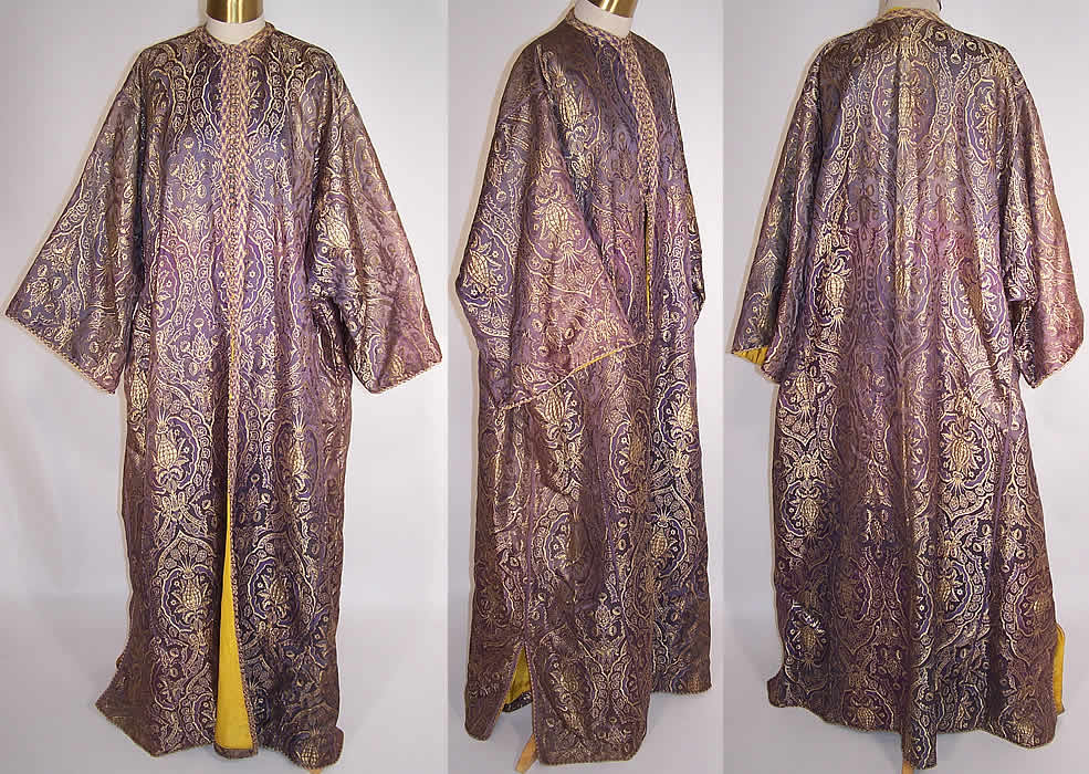 Vintage Purple Gold Lamé Silk Brocade Boho Kaftan Robe Coat