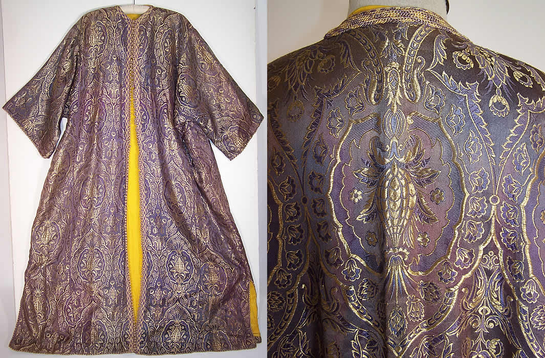 Vintage Purple Gold Lamé Silk Brocade Boho Kaftan Robe Coat & back close up