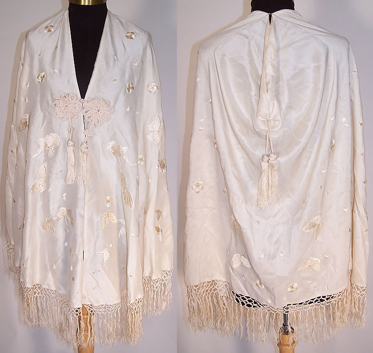Vintage Japanese White Silk Gold Embroidered Butterfly Shawl Cape Cloak 