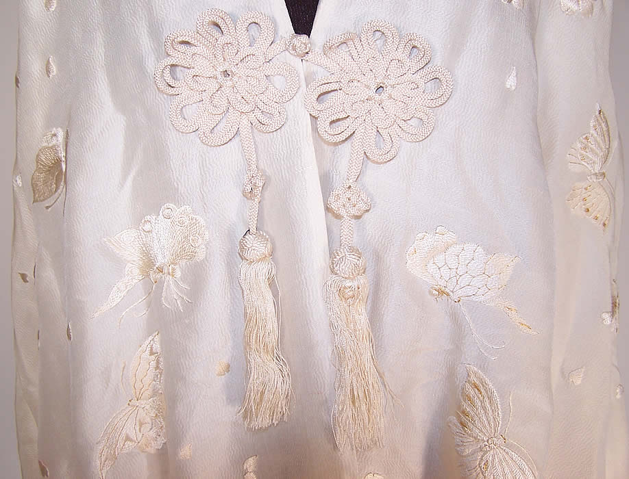 Vintage Japanese White Silk Gold Embroidered Butterfly Shawl Cape Cloak  close up.