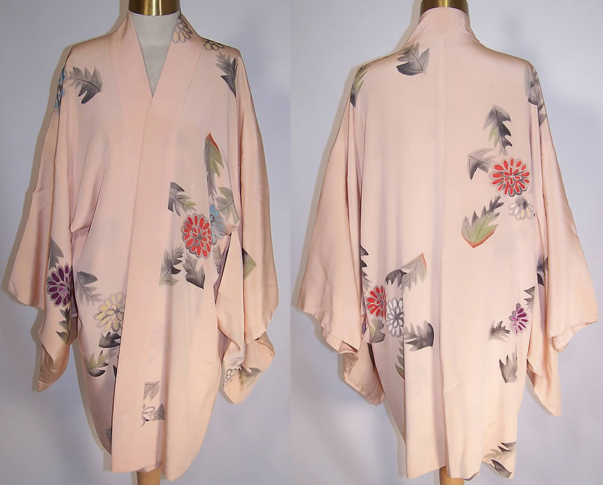 Vintage Japanese Haori Chrysanthemum Pink Silk Screen Kimono Robe Jacket