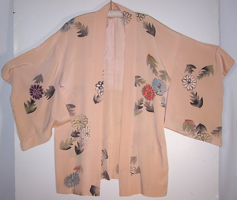 Vintage Japanese Haori Chrysanthemum Pink Silk Screen Kimono Robe Jacket