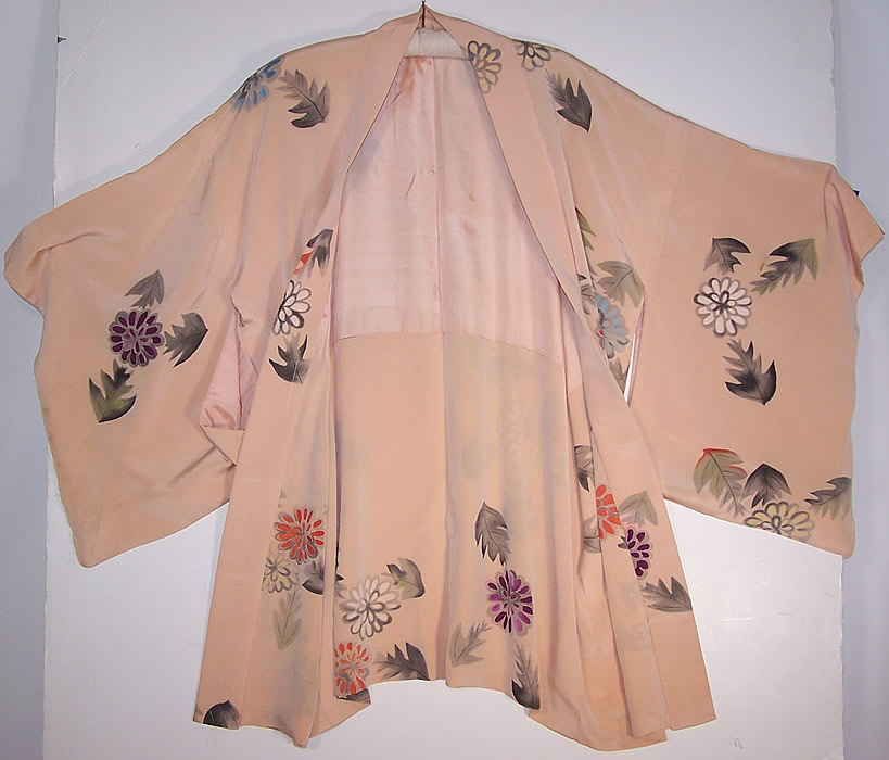 Vintage Japanese Haori Chrysanthemum Pink Silk Screen Kimono Robe Jacket